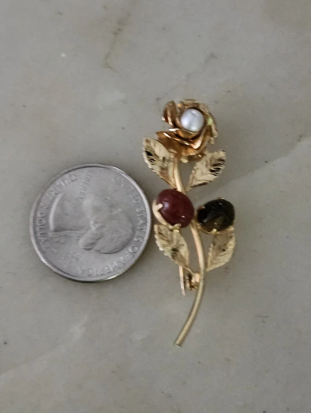 Vtf Gold Tone Rose Brooch with Faux Pearl and Red & Green Stones